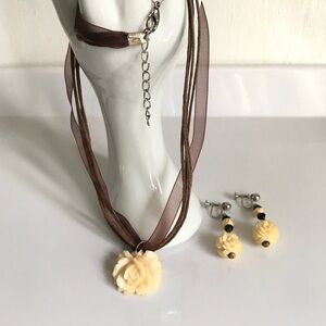 Vintage Cream Pink Hues Carved Celluloid Rose Earrings & Pendant Necklace Set